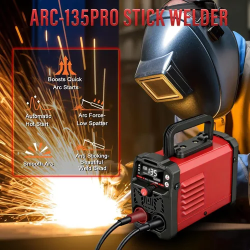 Miniatura 5 de Máquina de soldadura portátil de 110 V, 2 en 1 soldador de palo/máquina de soldadura Tig, 20-135A IGBT Mini soldador con arranque en caliente, Rojo