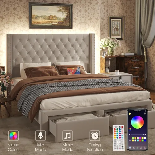 Miniatura 5 de CIKUNASI Base de cama tapizada de terciopelo tamaño Queen con cabecera y almacenamiento, marco de cama alto con 2 cajones, base de cama copetuda