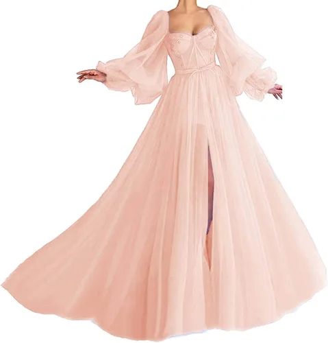 Tianzhihe Vestido de fiesta de tul vintage con mangas abullonadas con escote corazón dividido vestido largo de fiesta de noche