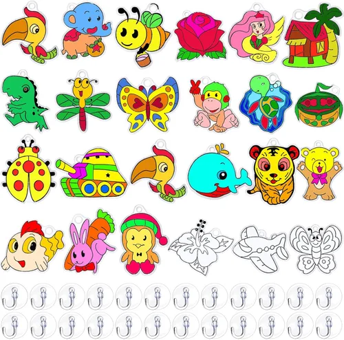 Sratte 48 piezas de atrapasoles para ventana de arte, bricolaje, atrapasoles, manualidades para niños, animales, pintura artística de ventana de