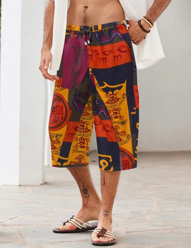 Miniatura 3 de COOFANDY Pantalones capri de lino para hombre, pantalones casuales con cordón, pantalones holgados de harén, pantalones capri de playa de pierna