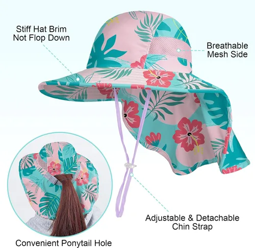 Miniatura 126 de Sombrero de sol para niños, protección UV, unicornio, verano, playa, jugar con ala ancha, solapa para el cuello para niñas y niños