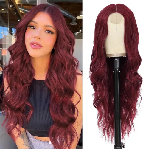 Miniatura 15 de NAYOO Pelucas marrones con flequillo para mujer, pelucas de cabello largo y ondulado, resistentes al calor, pelucas de fibra sintética para uso