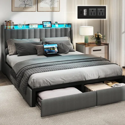 Miniatura 17 de SADENICEL Base de cama de tamaño completo con cabecera de almacenamiento y 4 cajones, plataforma de base de cama de metal completo con luz LED