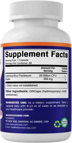 Miniatura 7 de Vitamatic Lactobacillus Plantarum - 20 mil millones por cápsula DR - 60 unidades - Soporte digestivo - Fabricado con fibra prebiótica de inulina