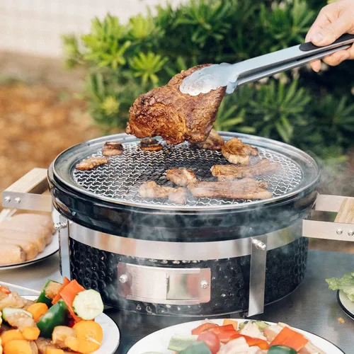 Miniatura 7 de ONLYFIRE GRILLS Parrilla de carbón Hibachi de cerámica con elevador de rejilla, parrilla Yakitori portátil de 14 pulgadas con rejilla de acero