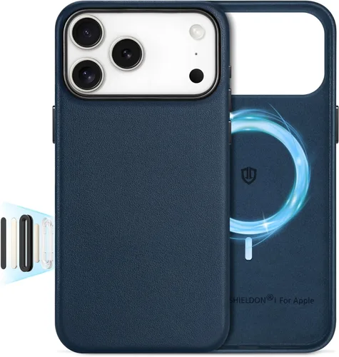 SHIELDON Funda de cuero genuino para iPhone 17 Pro Max de 6.9 pulgadas 2025, [botón de la cámara actualizado], compatible con Magsafe, carga Azul