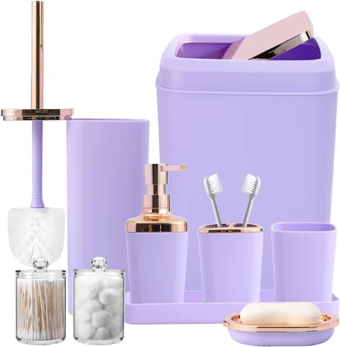 Miniatura 22 de XLHOMO - Juego de baño beige de plástico de 9 piezas, con basurero, dispensador de jabón, portacepillos de dientes, vaso, jabonera, cepillo