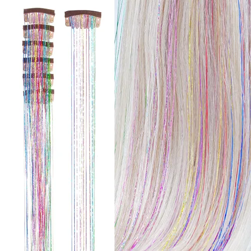 Miniatura 13 de Extensiones de oropel con clip para el cabello, reflejos castaños, 20.5 pulgadas, 6 piezas por paquete, extensiones de cabello sintético multicolor