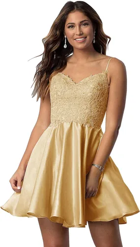 Tianzhihe Vestidos cortos de encaje con cuentas para regreso a casa, tirantes delgados, vestidos de noche de satén con bolsillos