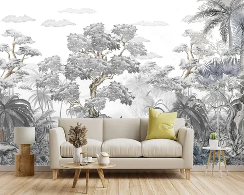 Miniatura 2 de Papel tapiz de tela de bosque tropical con estampado botánico gris, bosque de selva tropical, sala de estar, planta de hoja de palmera, dormitorio