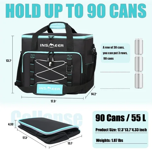 Miniatura 2 de INSMEER Bolsa térmica térmica térmica grande de 90 latas/55 L, enfriador de lados suaves con correa para el hombro, enfriadores plegables, enfriador