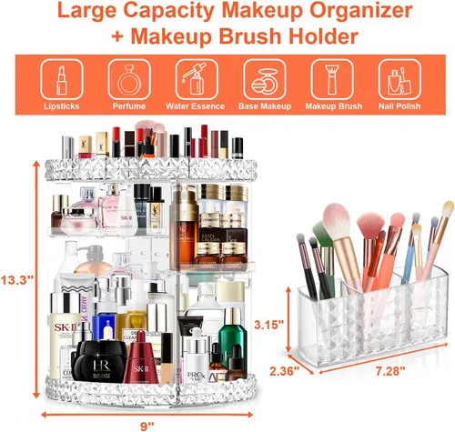 Miniatura 5 de Organizador de maquillaje giratorio de 360 grados para tocador + soporte para brochas de maquillaje, organizador de perfumes con 6 capas ajustables