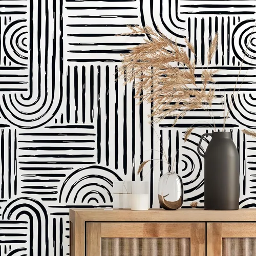 Miniatura 3 de VEELIKE Papel tapiz geométrico blanco y negro para despegar y pegar, papel tapiz abstracto moderno para dormitorio, baño, decoración de pared