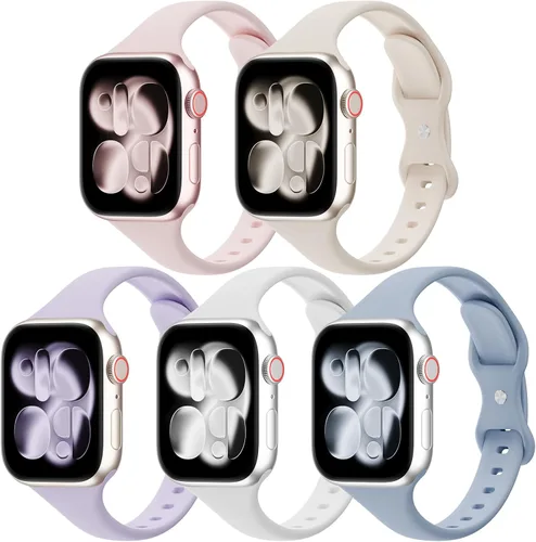 Miniatura 19 de Paquete de 5 bandas de silicona delgadas compatibles con Apple Watch de 38mm 42mm 40mm 44mm 41mm 45mm 46mm 49mm, correa deportiva estrecha y delgada