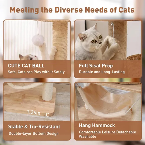 Miniatura 5 de Árbol de madera para gatos de 55 pulgadas para gatos de interior y adultos, torre alta para gatos con poste rascador y acogedora hamaca para gatos