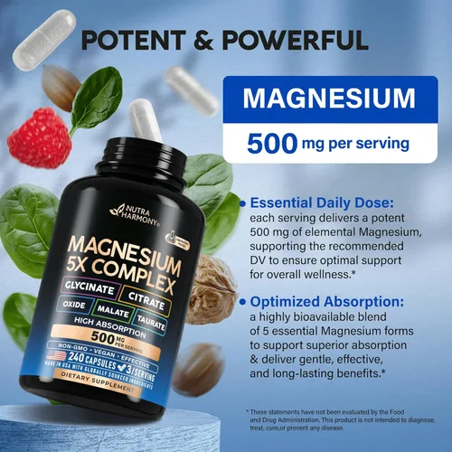 Miniatura 5 de Suplemento de magnesio - Complejo 5 en 1 de 500 mg Glicinato Citrato Malato Taurato Óxido - Fabricado en Estados Unidos - Soporte