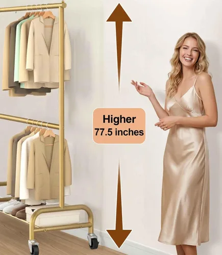 Miniatura 3 de MISSLO Perchero resistente para ropa con ruedas, para colgar ropa, para abrigo, vestuario, dorado (doble barra)