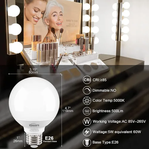 Miniatura 2 de Honesorn Bombillas de baño con base E26, equivalente a 60 vatios, luz diurna de 5000 K, bombillas LED de tocador para baño, bombillas redondas G25