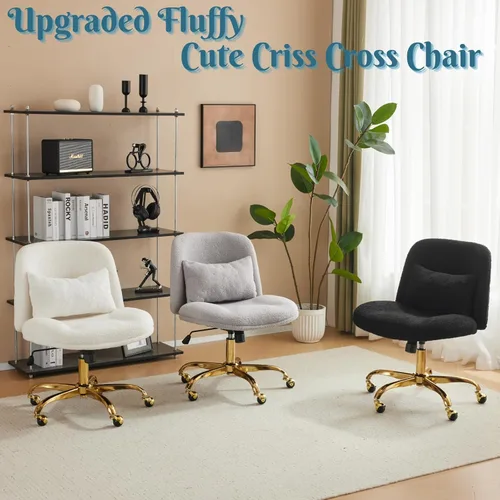 Miniatura 6 de VINGLI Silla de oficina ancha con patas cruzadas, silla de escritorio ergonómica cómoda con almohada y base dorada, doble uso con/sin ruedas, silla