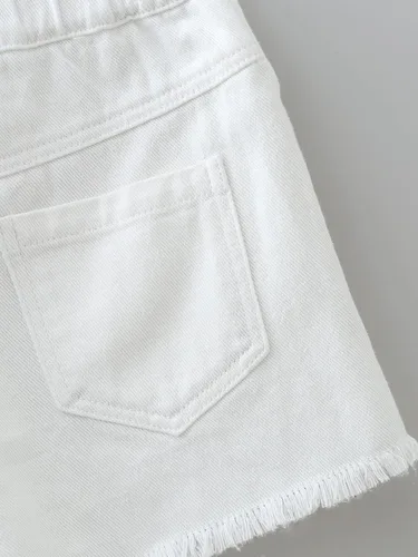 Miniatura 6 de OYOANGLE Pantalones cortos de mezclilla de pierna recta con dobladillo rasgado y bolsillo para niña
