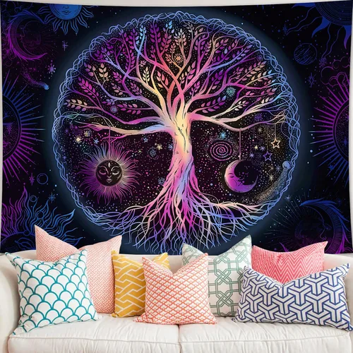 FORATER Tapiz Colgante de Pared del Árbol de la Vida Colorido Tapices del Árbol de la Vida Estético Tapiz de Pared de Sol y Luna Galaxia para