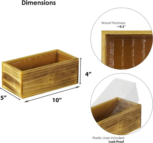 Miniatura 2 de CYS EXCEL Jardinera Rectangular Pequeña de Madera Marrón Claro Natural con Forro de Plástico Extraíble (H:4" Apertura:10"x5") Caja Decorativa