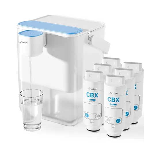 Frizzlife MD40 - Dispensador de filtro de agua eléctrico con 6 filtros, 400 galones, NSF/ANSI 53 & 42 y 372, reduce el plomo, PFAS, jarra de vida