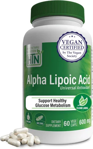 Health Thru Nutrition Ácido alfa lipoico 600 mg, 60 porciones, certificado vegano, antioxidante universal, sin OMG, probado por terceros,