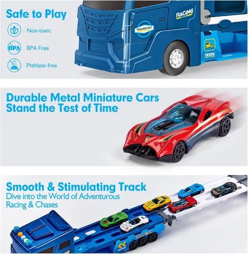 Miniatura 8 de hahaland Juguetes para Niño de 3 Años Regalo - Transportador de Autos 2 en 1 que se Transforma en Pistas de Carreras Juguetes con Camión Lanzador