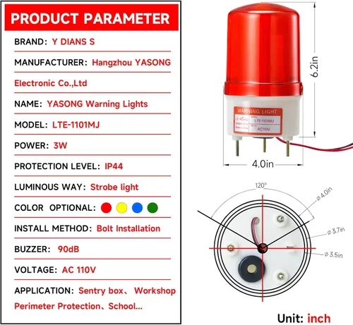 Miniatura 5 de YASONG LTE-1101MJ - Luz de advertencia giratoria con zumbador de 90 dB, AC110V-120V, luces de alarma de baliza industrial, sirena de seguridad