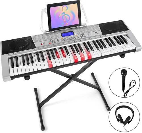 MUSTAR Teclado de Piano de 61 Teclas, Teclado de Piano Eléctrico MEKS-400 con Teclas Iluminadas, Teclados de Piano de Aprendizaje para Plateado