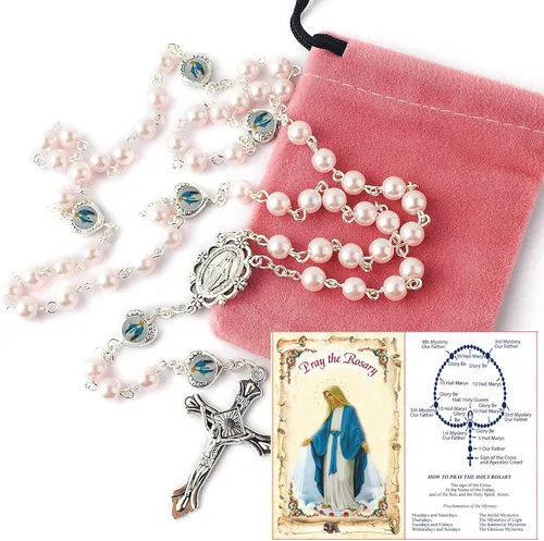 Miniatura 2 de HanlinCC Cuentas de perlas de vidrio con corazón epoxi milagroso collar de rosario en bolsa de regalo de terciopelo con tarjeta de oración