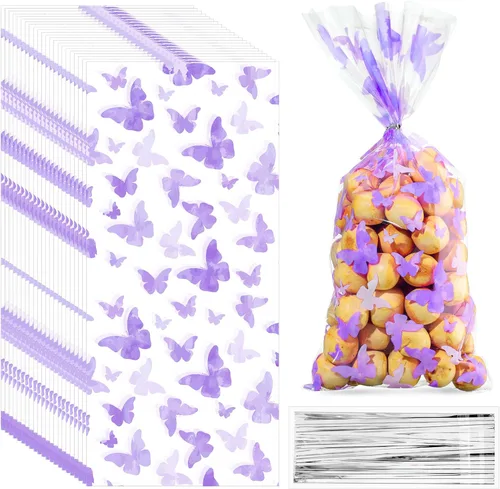Miniatura 7 de Zonon 100 bolsas de plástico de celofán con 100 lazos plateados para golosinas con temática de mariposas, baby shower, fiesta de cumpleaños, Rosa