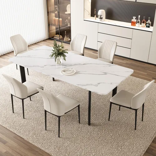 Miniatura 7 de HIPIHOM Juego de mesa de comedor extensible para 6-8 personas, mesa de cocina MDF de 63 a 78.7 pulgadas con 6 sillas tapizadas, ahorro de espacio