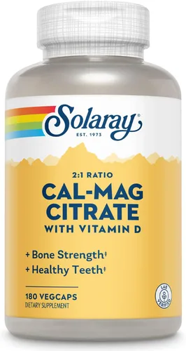 SOLARAY Proporción 2:1 de citrato de calcio y magnesio con vitamina D-3, huesos sanos, apoyo muscular y sistema nervioso, alta absorción, 180