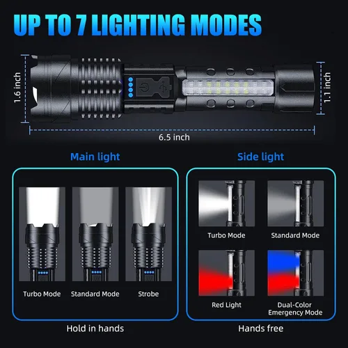 Miniatura 2 de Linternas recargables LED de alto lúmenes, paquete de 2 luces LED láser blanco súper brillante de 7 modos con zoom, linternas tácticas, carga USB-C