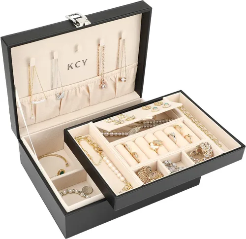 KCY Organizador de joyas para mujeres y niñas, estuche grande de cuero sintético con soporte de exhibición de 2 capas y bandeja extraíble para