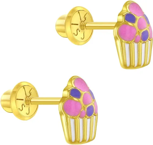 Miniatura 2 de 14k Yellow Gold Colorful Enamel Cupcake Screw Back Earrings for Toddlers & Young Girls - Multicolor Fun & Fashionable Screw Backs for Children & Kids
