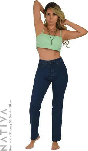 Miniatura 2 de Nativa Pantalones de mezclilla de tiro alto para mujer, tela de mezclilla de piel de durazno, pierna recta, ajuste elástico Fernanda, fuerte, ultra