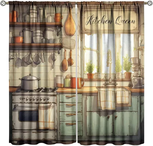 Miniatura 10 de Cortinas de cocina estilo retro, 2 paneles con bolsillo para cortinero, decoración de dormitorio, cocina, cafetería, 42 pulgadas de ancho x 45