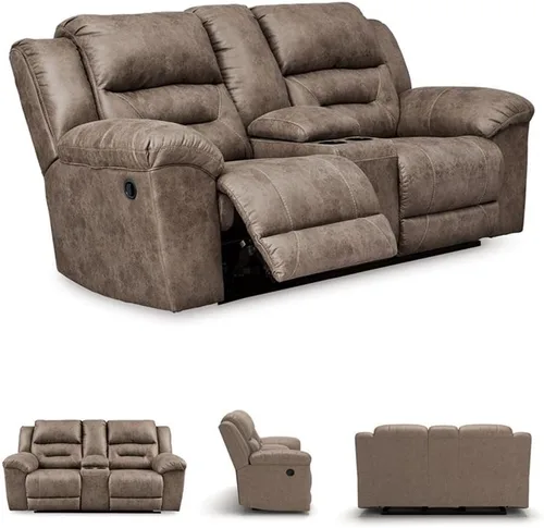 Miniatura 8 de Signature Design by Ashley Stoneland - Sofá biplaza reclinable manual de piel sintética con consola central, color marrón claro Gris
