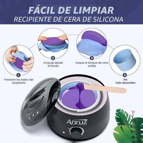 Miniatura 5 de Kit de cera Anruz para mujeres y hombres - Kit de cera para depilación con cuenco de silicona, 4 bolsas de perlas de cera dura y 30 palos - Kit