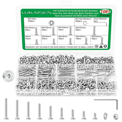 Miniatura 7 de Surtido de 1500 piezas de tornillos, tuercas y arandelas, kit de pernos y tuercas métricos M2 M3 M4 M5 M6 con cabeza hexagonal de casquillo, acero