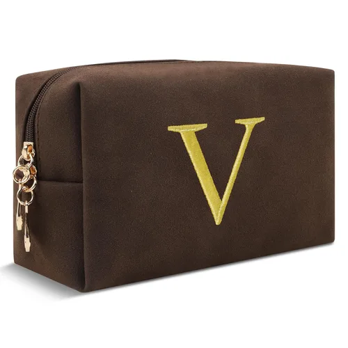 Miniatura 216 de Pequeña bolsa de maquillaje personalizada con inicial A-Z Preppy Patch, bolsa de cosméticos de viaje de felpilla blanca con cremallera, bonita bolsa