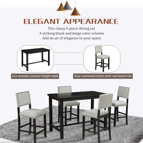 Miniatura 6 de Merax Juego de mesa de comedor de 5 piezas para 4, juego de mesa de cocina de altura de mostrador con una mesa rectangular y 4 sillas acolchadas