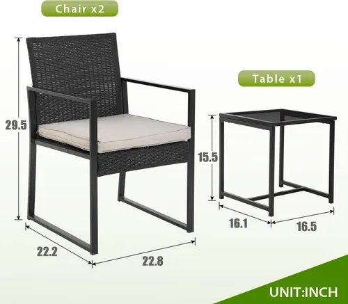 Miniatura 8 de PayLessHere Juego de muebles de patio al aire libre de 3 piezas Caqui Moderno juego de bistró de ratán con sillas acolchadas y mesa de centro