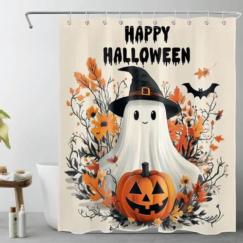 HVEST Cortina de ducha con ganchos, calabaza espeluznante y fantasma con sombrero de bruja negro, juego de cortina de ducha naranja con flores de