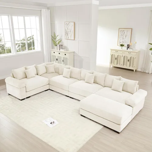 Miniatura 10 de Sofá modular de gran tamaño de 117.3 pulgadas, sofás modulares grandes de pana para sala de estar, sofás de 3 plazas, moderno juego de sofá de Blanco