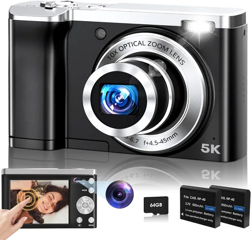 Cámara digital, cámaras 5K 56MP para enfoque automático de fotografía, cámara compacta de vlogging con cámara frontal y trasera, zoom óptico 10X,